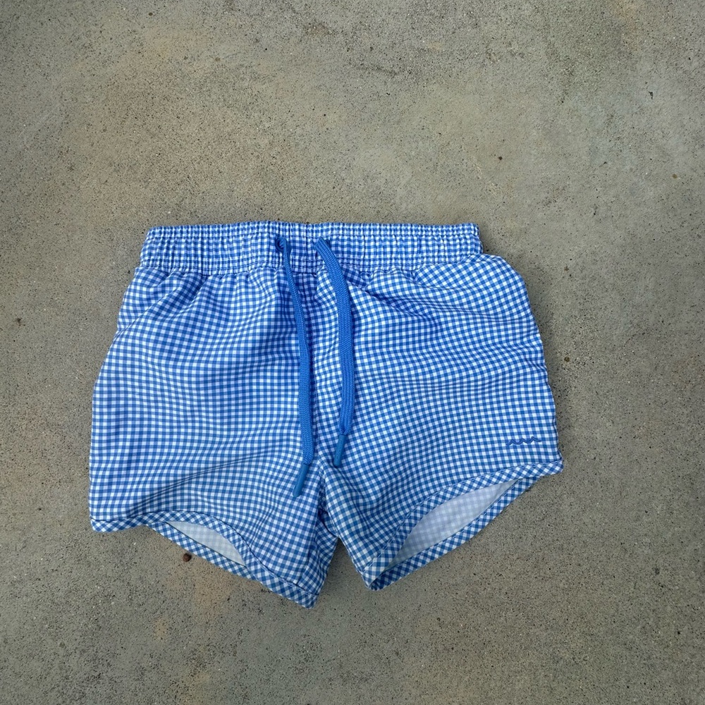 Kids Blue Gingham Swim Trunks